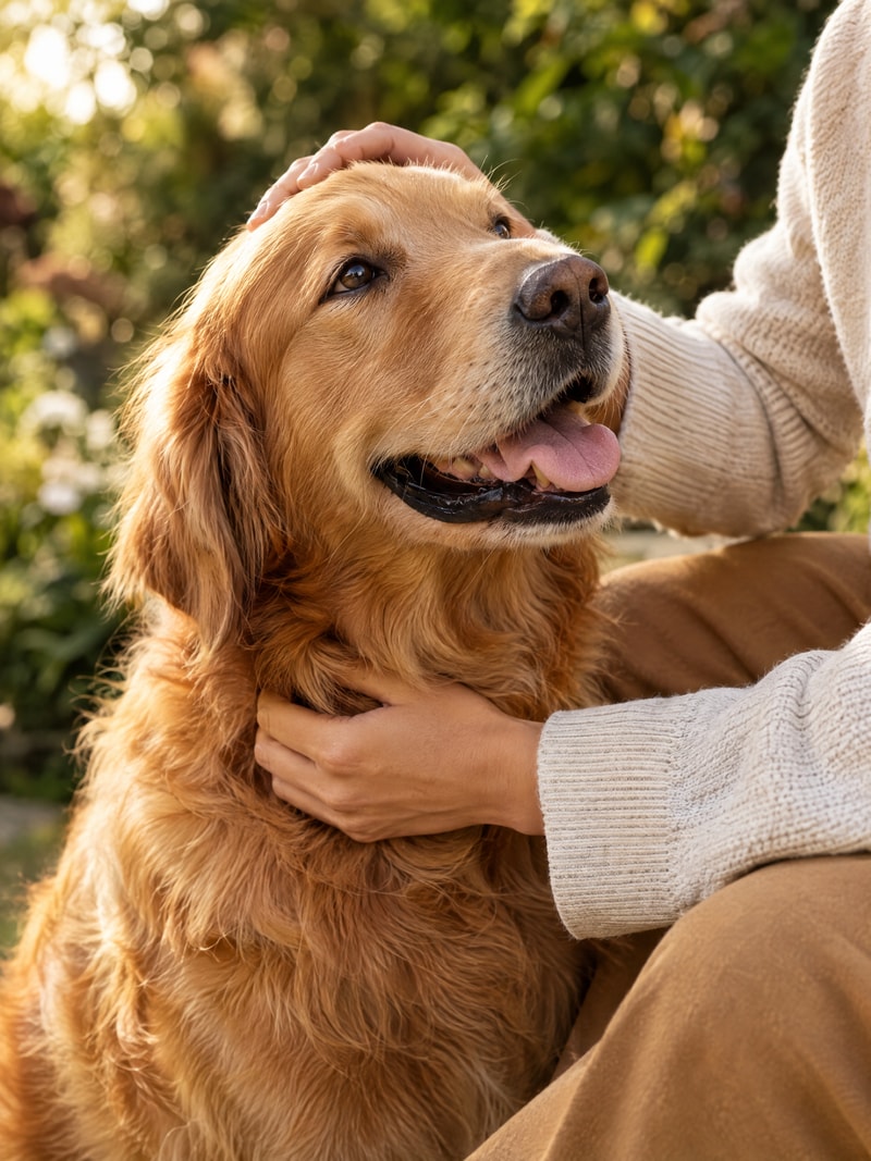 A caring hand gently stroking a golden retriever