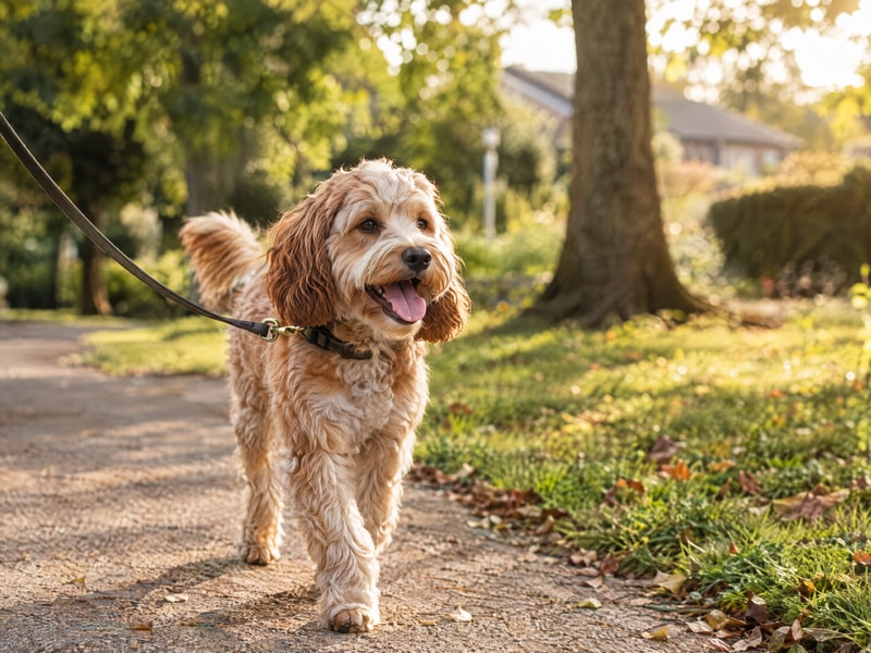 A happy dog on a private, on-lead walk
