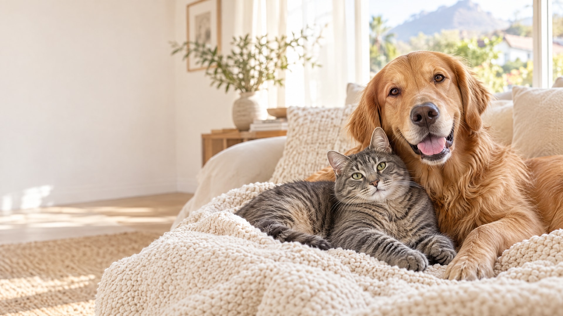 A golden retriever and cat relaxing together on a cosy sofa