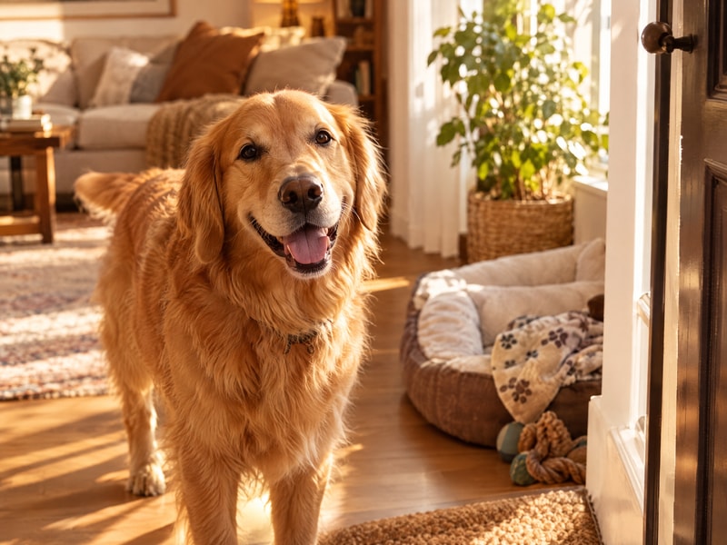 A golden retriever enjoying a sunny spot at home